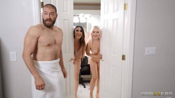 Bearded dude Xander Corvus bangs three busty bitches in bed on pornoboobs.com