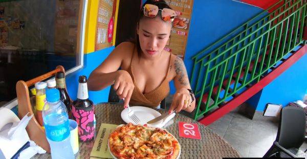 Pizza before making a homemade sex tape with his busty Asian girlfriend - Thailand on pornoboobs.com